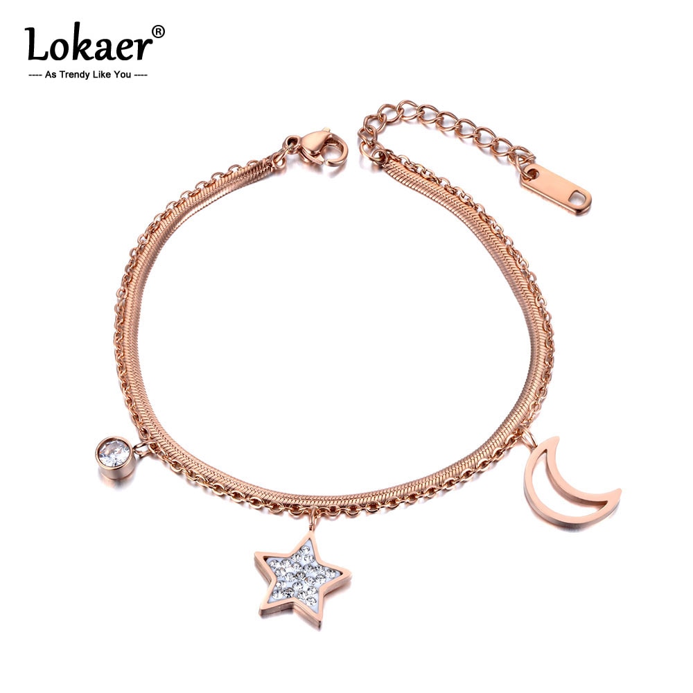 Lokaer étoile lune breloque Double couches femmes Bracelet Bracelet en acier inoxydable serpent lien chaîne bohême été plage bijoux B19019