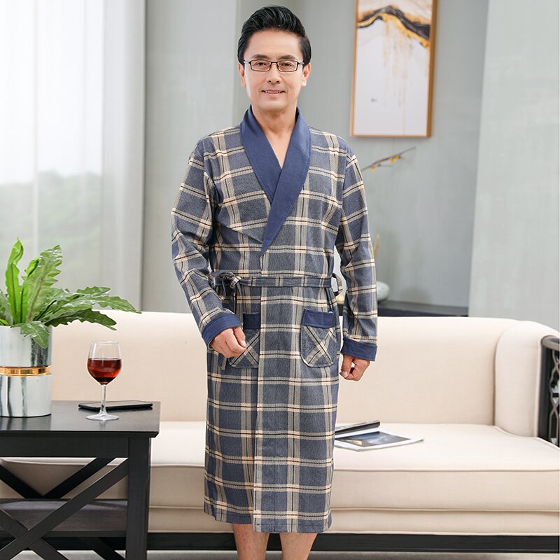 Lente Mannen Volledige Katoen Nachtjapon Homewear Klassieke Plaid Lange Badjas Gown Nachtkleding Plus Size Zachte Nachtkleding Kimono Robe Gown