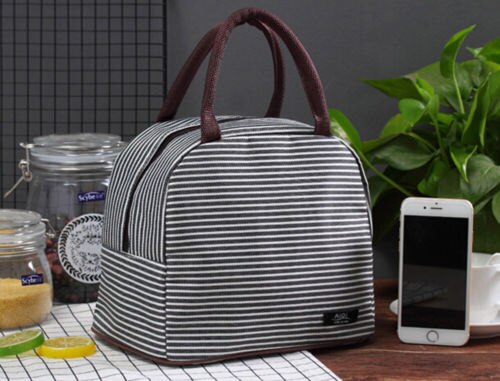 Brand Cooler Geïsoleerde Canvas Picknick Draagbare Streep Lunch Tas Doos Opbergtas Voor Unisex Thermische Voedsel: Dark Gray