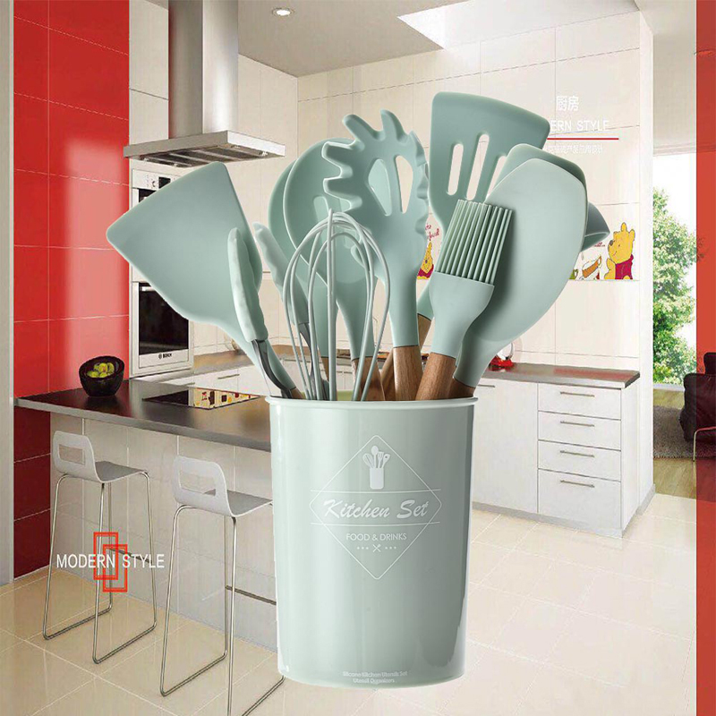 Silikon spatel skje tang redskaper varmebestandig suppeskje non-stick spatel spade trehåndtak matlaging kjøkkenverktøy