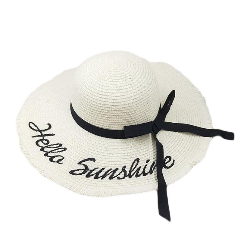 summer Hello Sunshine Sequin letter wide brim sun hats for women Beach vacation girls straw hat