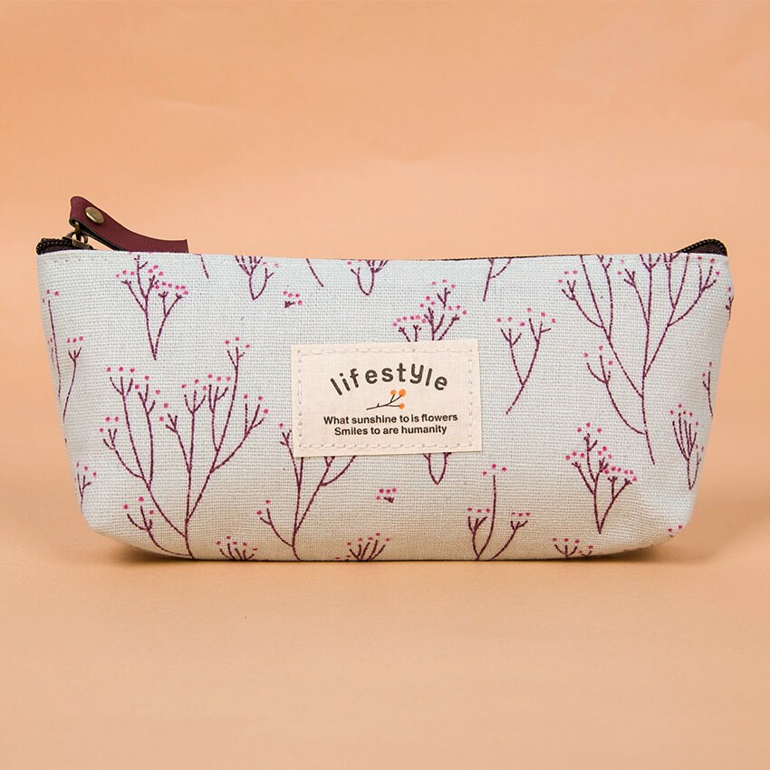 Cute Colorful Floral Flower Canvas Zipper Pencil Cases Lovely Fabric Flower Tree Pen Bags: Blue