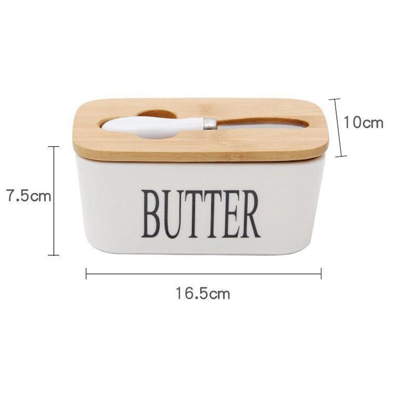 Butter Box Nordic Ceramic Container Storage Tray Dish Cheese Food Tool Kitchen Keeper Wood Cover Sealing Plate+ Knife Sealed Can: With Letter