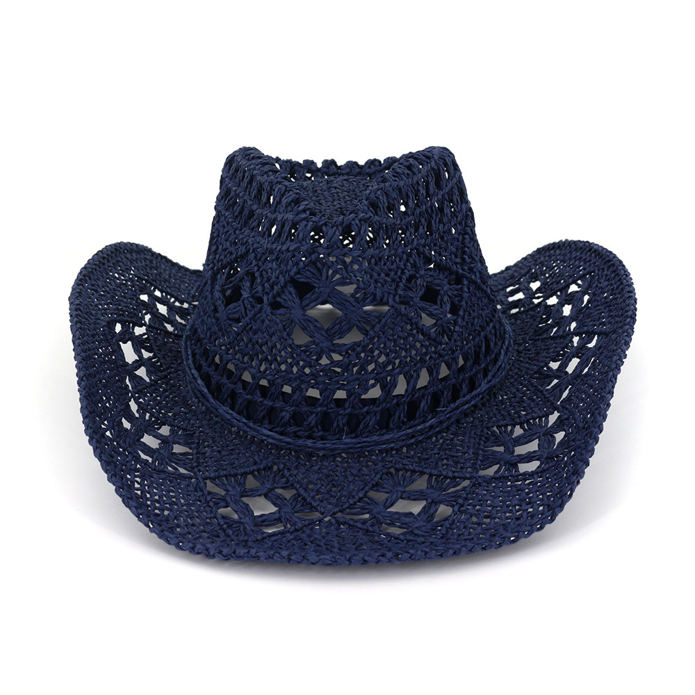 Stroh Western Cowboy Hut Hand Made Strand Fühlte Sonnenhüte Party Kappe Für Mann Frau Curling Krempe Kappe Sonnenschutz Unisex hüte: Marineblau