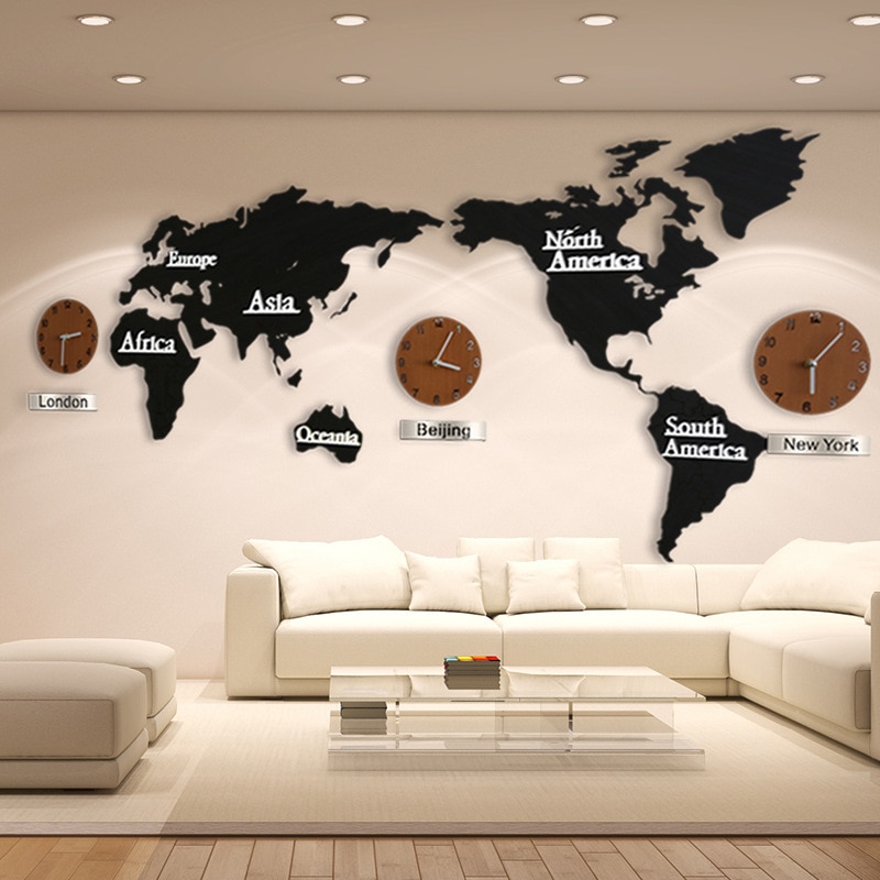 3D World Map Large Wall Clock DIY Wooden MDF Digital Wall Clock wood watch Modern European Style Round Mute relogio de parede