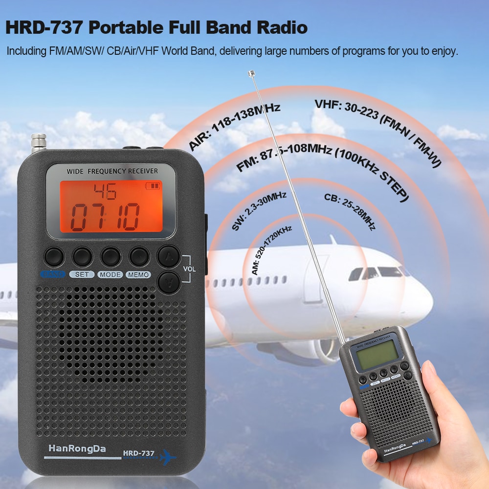 HanRongDa HRD-737 Portable FM Radio Aircraft Full Band Radio FM/AM/SW/CB/Air/VHF Receiver World Band w/ LCD Display Alarm Clock