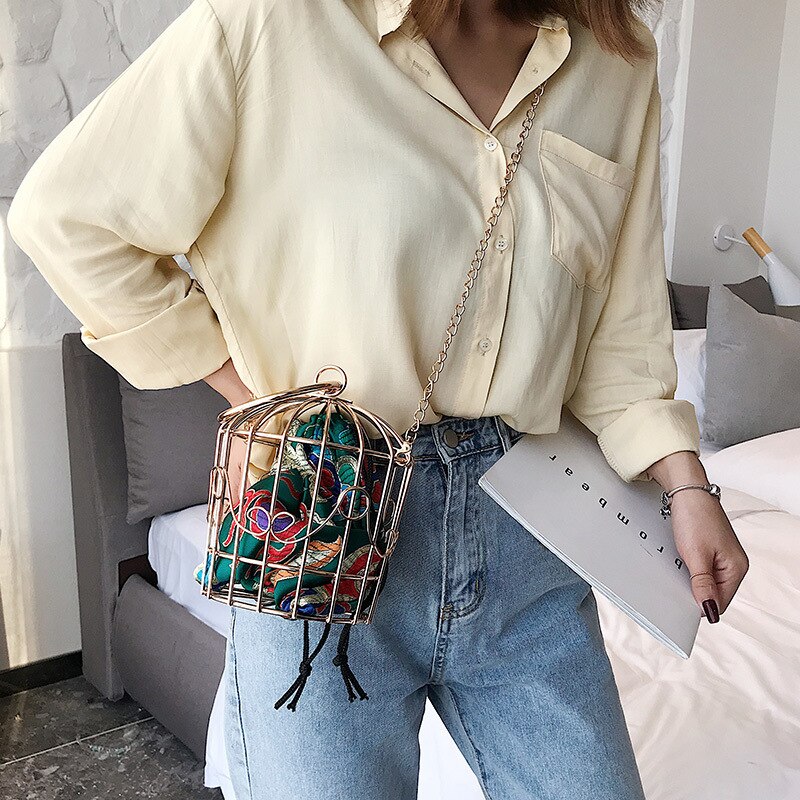 Women's Birdcage Evening Bag Clutch Metal Frame Embroidery Bucket Bird Cage Mini Totes Ladies Purses Female Gold Tassel Handbags