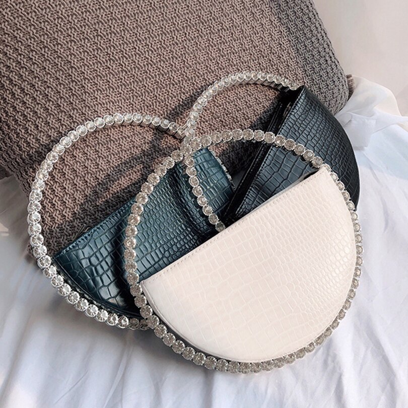 Rhinestone Circular Handle Evening Bag Women Diamonds Round Red Clutch Purse Ladies Chic Handbag Party: white