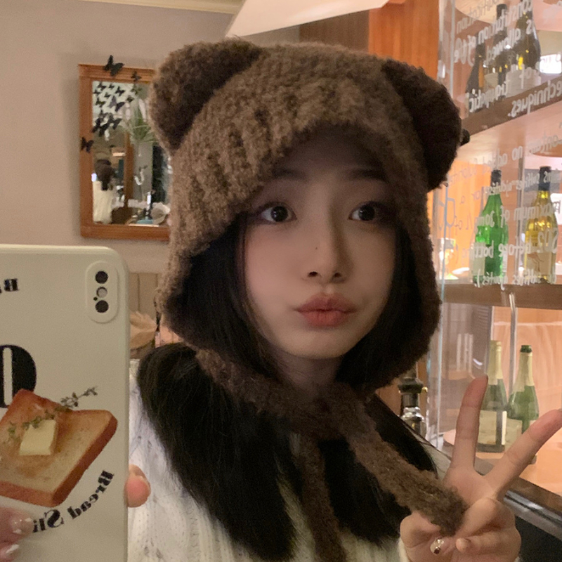 Japanse Kawaii Vrouwen Hoeden Schattige Beer Oren Pluche Mutsen Herfst En Winter Warm Gehoorbescherming Gebreide Touw Bommenwerper Hoed