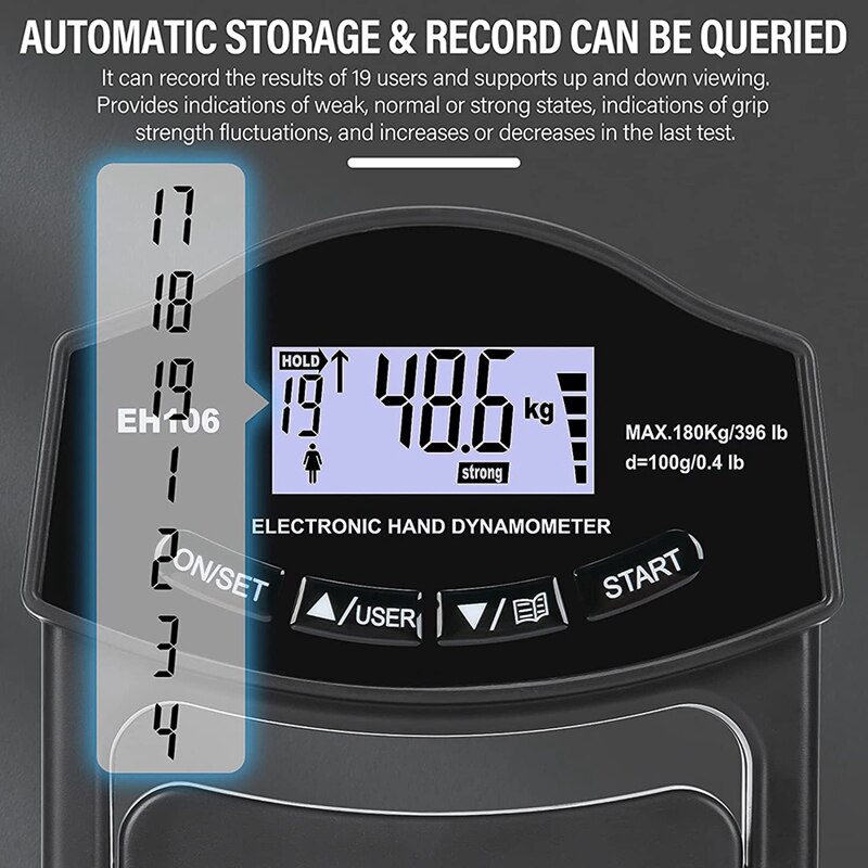 Probador de fuerza de agarre, dinamómetro de mano Digital 396Lbs/180Kg, medidor de fuerza de agarre con pantalla LCD USB, dinamómetro de agarre de mano