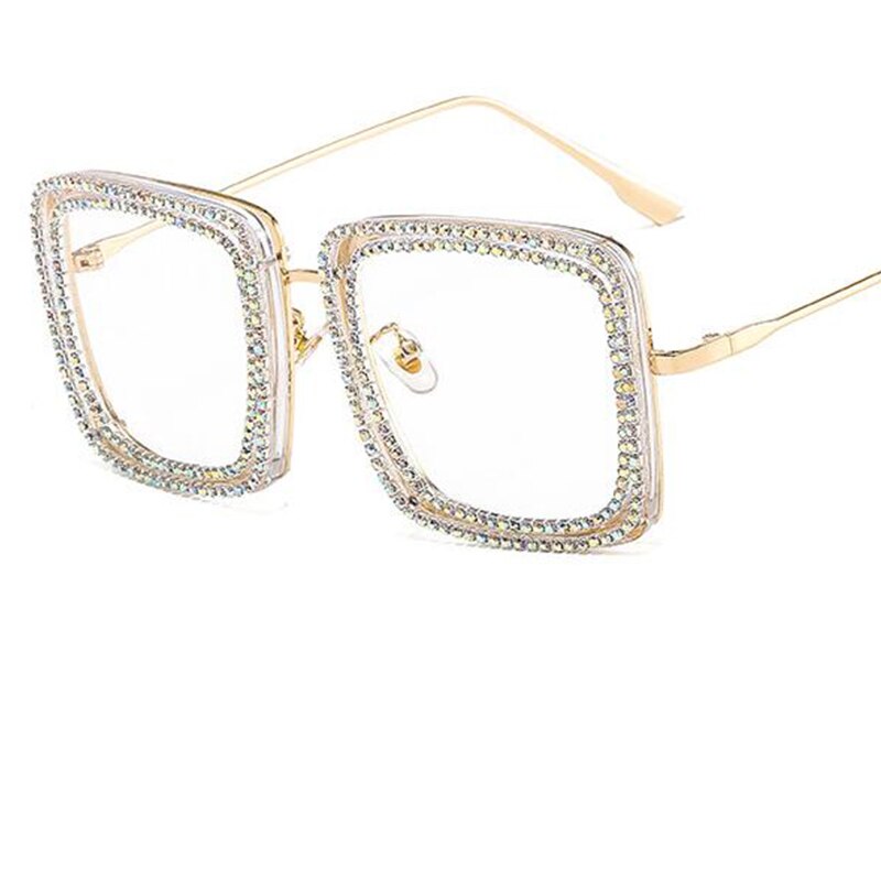 Brilmontuur met strass, heldere glazen, vierkante bril, metalen montuur, optische bril zonder sterkte, transparante bril