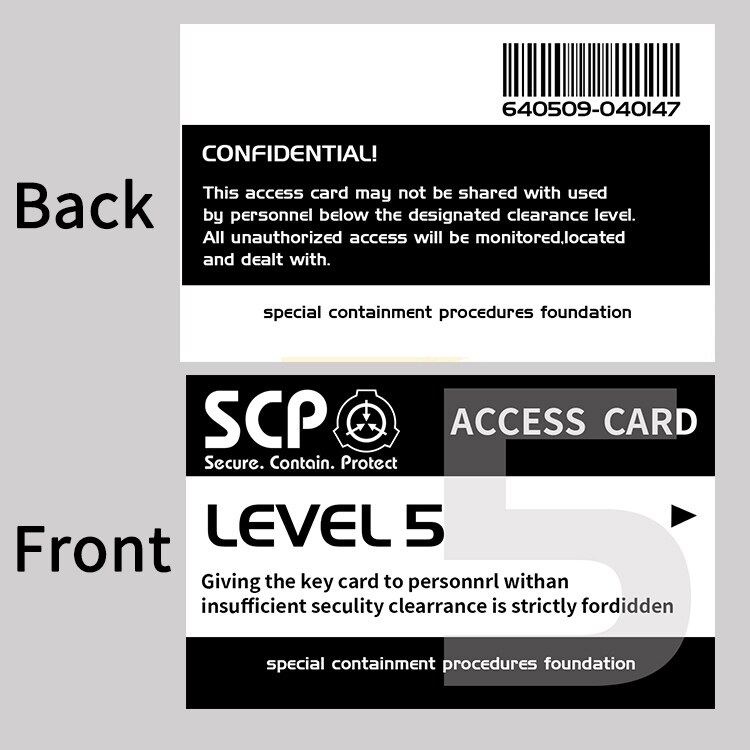 SCP Special Containment Procedures Foundation Secret Grade Access Card Mobile Task Forces Level Card Double Hard PVC Card: 5b