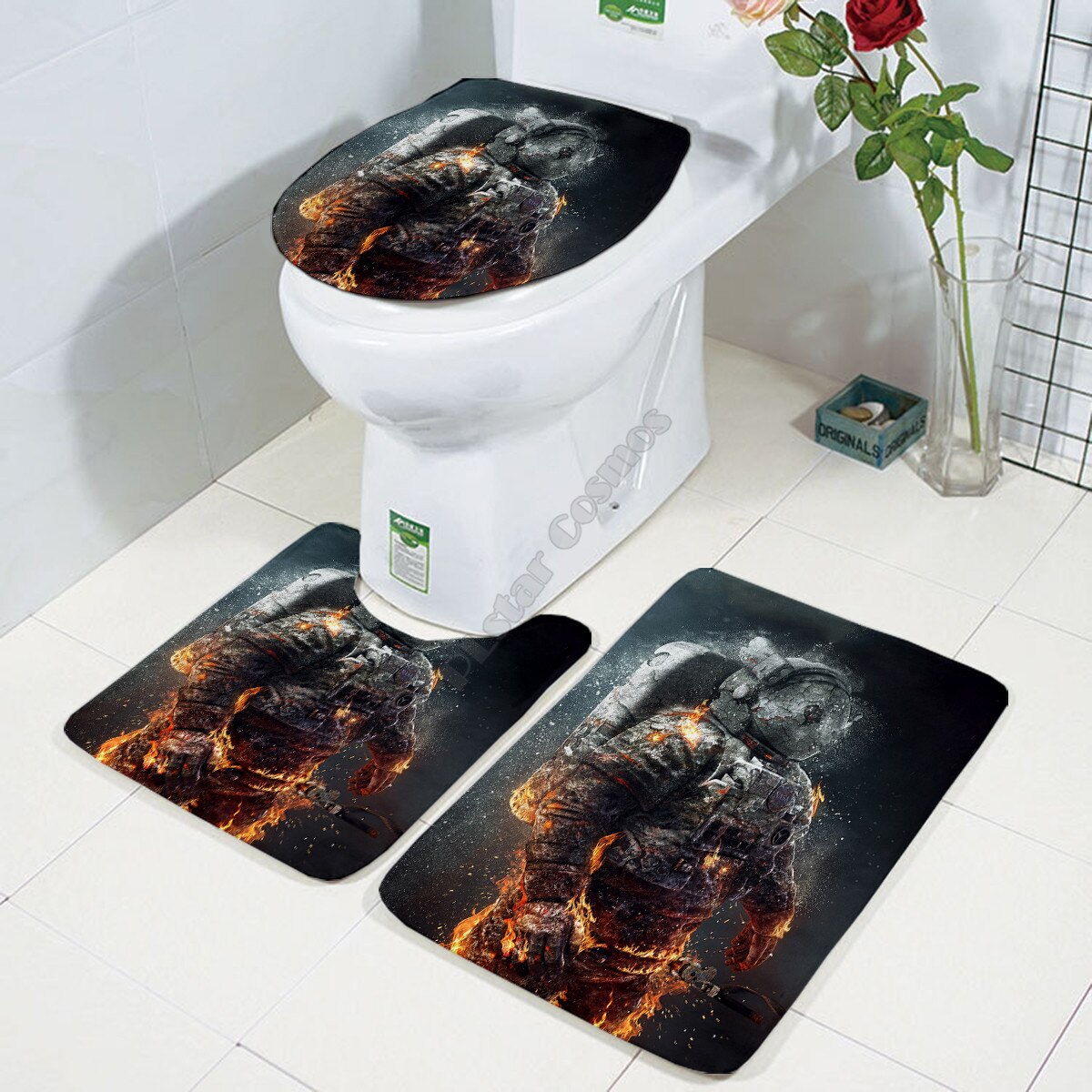 Galaxy astronaut Three-piece set 3D printed Bathroom Pedestal Rug Lid Toilet Cover Bath Mat Set 03: 7