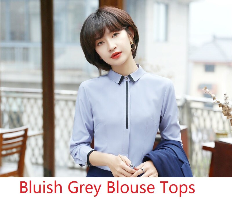 Uniform Styles White Long Sleeve Spring Fall Blouses & Shirts For Business Women Office Work Wear Blouse Female Tops: Bluish grey / S
