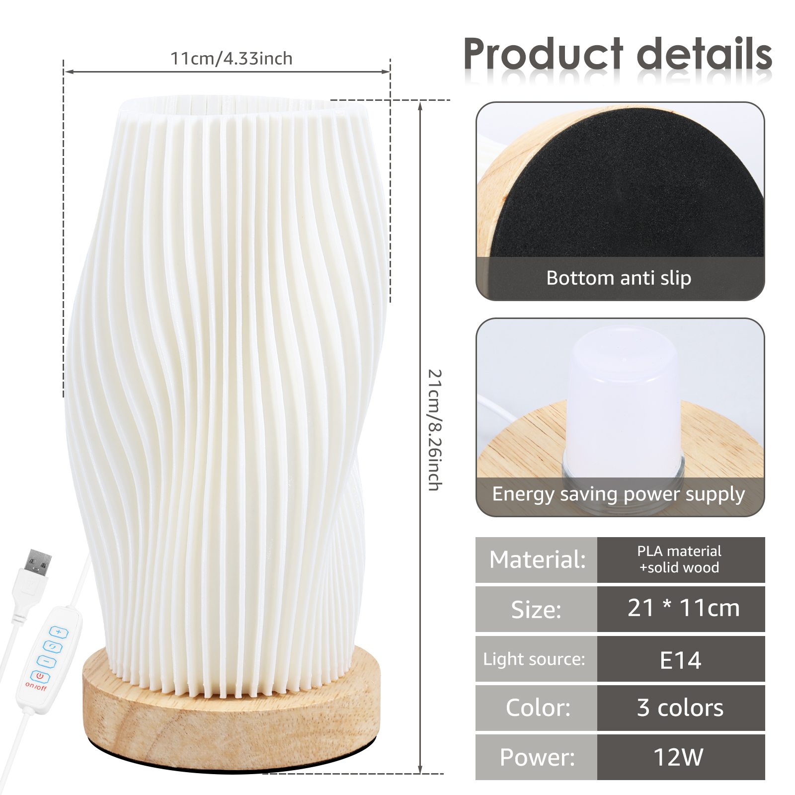 Nachttischlampe mit Holzsockel, Neuheit, kleine Nachttischlampe, Jahrgang-Stil, gestreift, kleine Nachttischlampe für Wohnzimmer