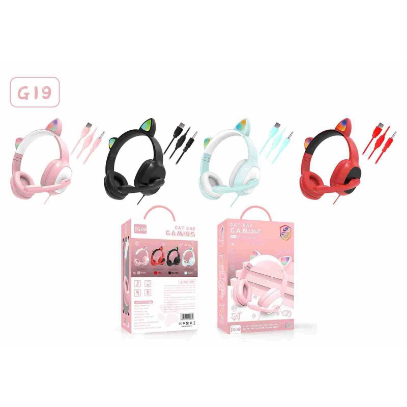 Product G19 Pink Cat Ear Cute Girl Gaming Headset With Mic Noise Reduction Stereo Music RGB Flash Light Wired headphone