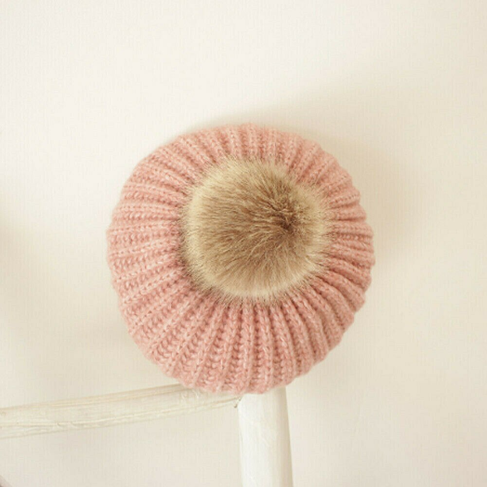 Baby børn dreng pige strikket baret hat kasket bløde pom bolde vinter forår varme hatte beanie: Lyserød