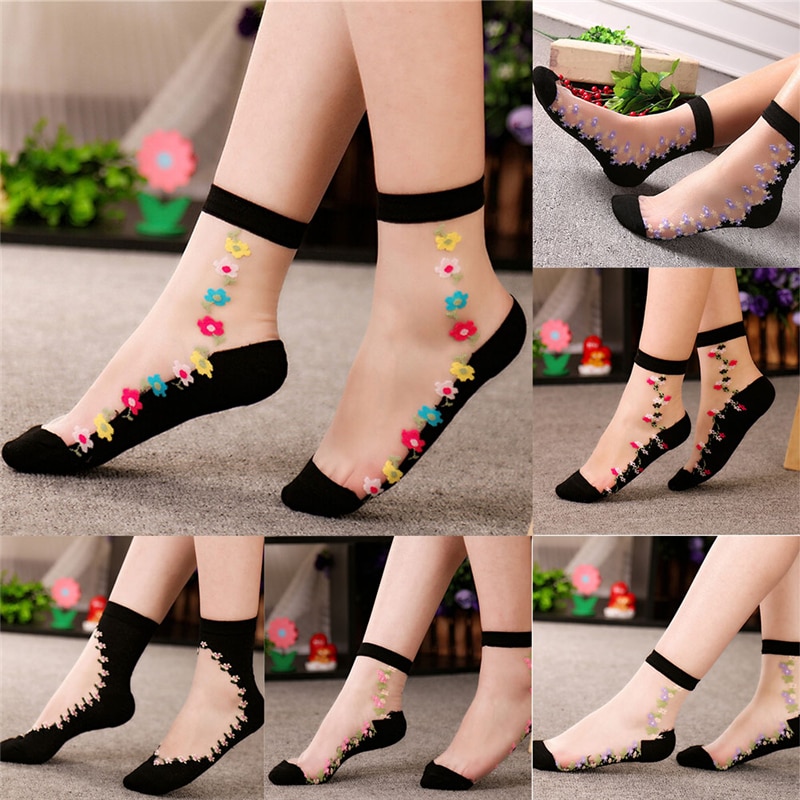 1Pair Women Soft Sheer Silk Cotton Elastic Mesh Knit Transparent Flower Lace Ankle Sock