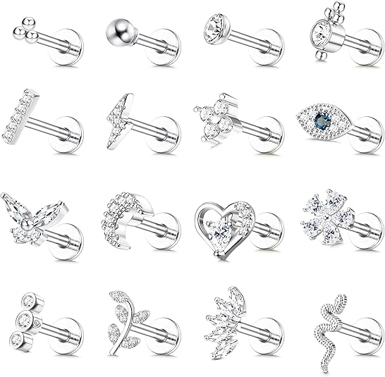 Drperfect-pendientes para el trago de acero quirúrgico, joyería para Piercing del trago, rosca interna, parte posterior plana, Medusa Labret, labio, 16 Uds.: Blanco / Chapado en rodio