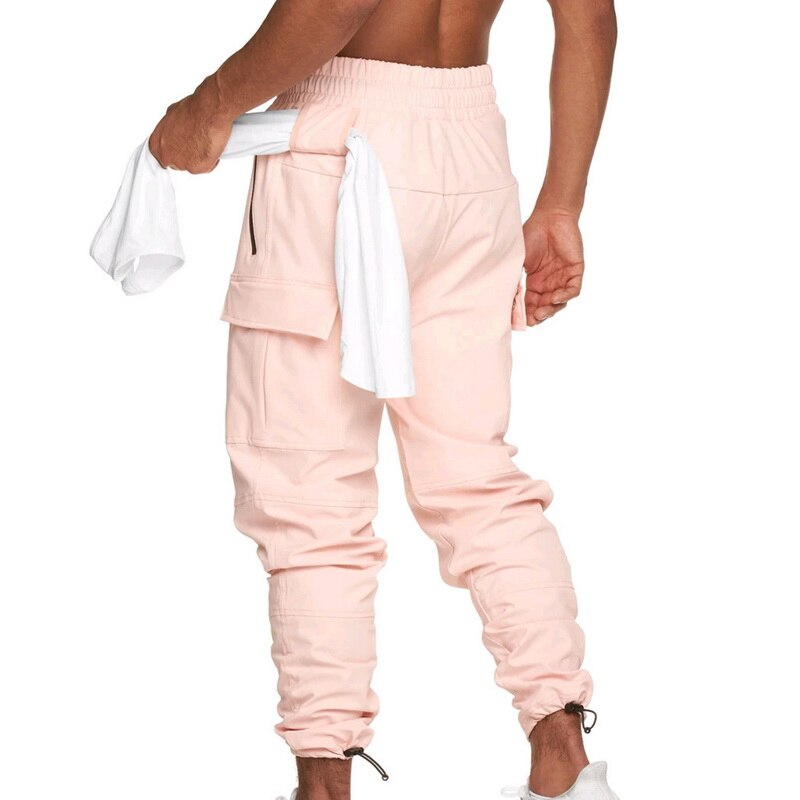 Men Running Sports Pants Skinny Sweatpants Multi-pocket Trackpants Gym Fitness Training Trousers Male Tennis Sportswear: Pink / XXL