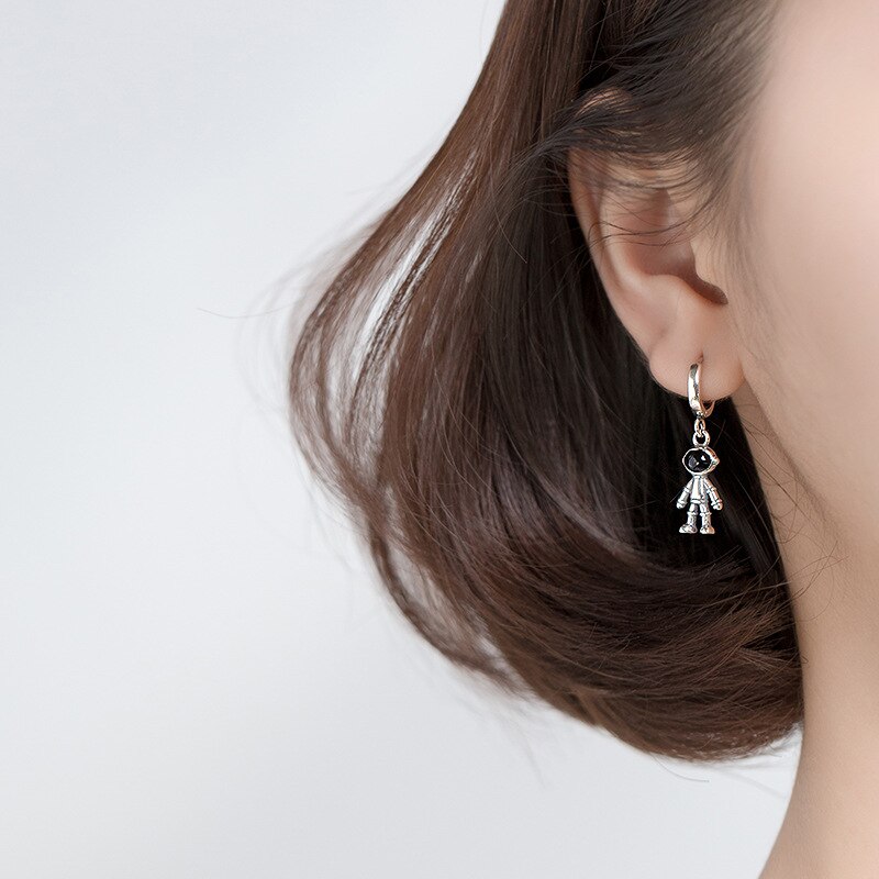 Cute Astronaut Star Asymmetric Thai Silver Color Hoop Earrings For Women Ear Jewelry Birthday S-E1065