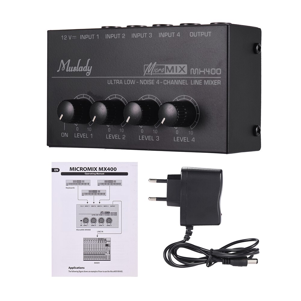 Muslady MX400 Ultra-compact Low Noise 4 Channels Line Mono Audio Mixer Accessories: Black EU plg