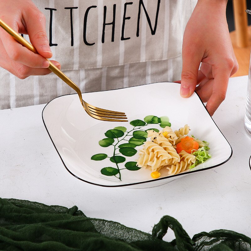 Vierkant porseleinen bord, cactus, dessertbord, broodbord, fruitsaladebord, scandinavisch ontbijtbord, botervloot, keukenservies