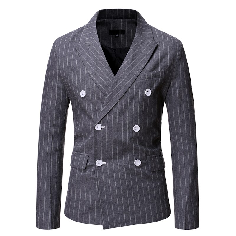 Men's Double Brested Pinstripe Suit Jacket Brand Slim Fit Notched Lapel Dress Blazer Men Casual Business Formal Blazer Masculino: gray / XL