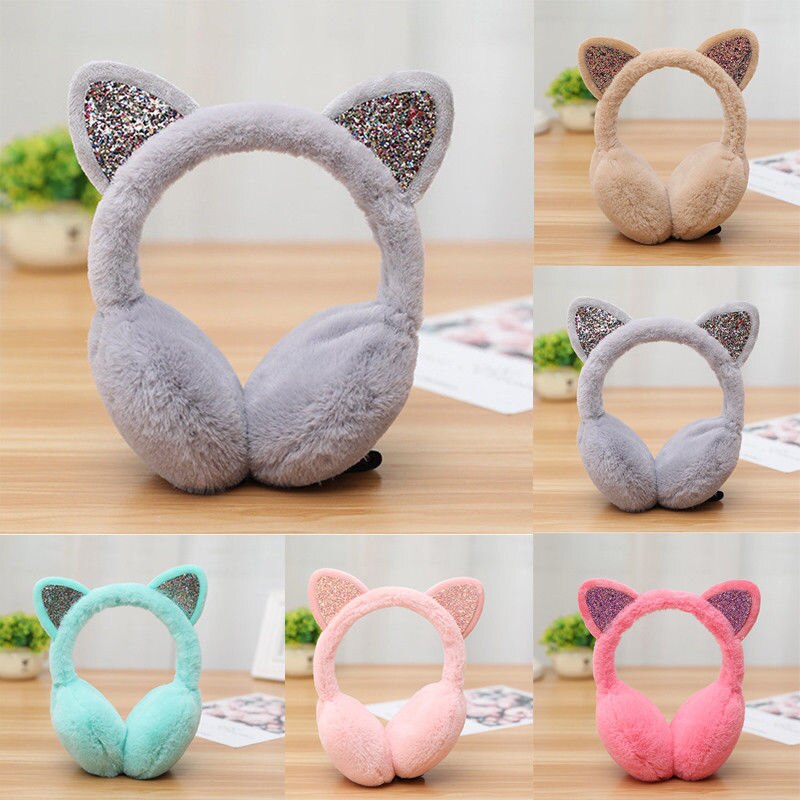 Winter Chic Sequin Folding Cat Ears Earmuffs for Women and Girls Plush Fur Ear Warmer Bun with Glitter Headband Cartoon Pattern