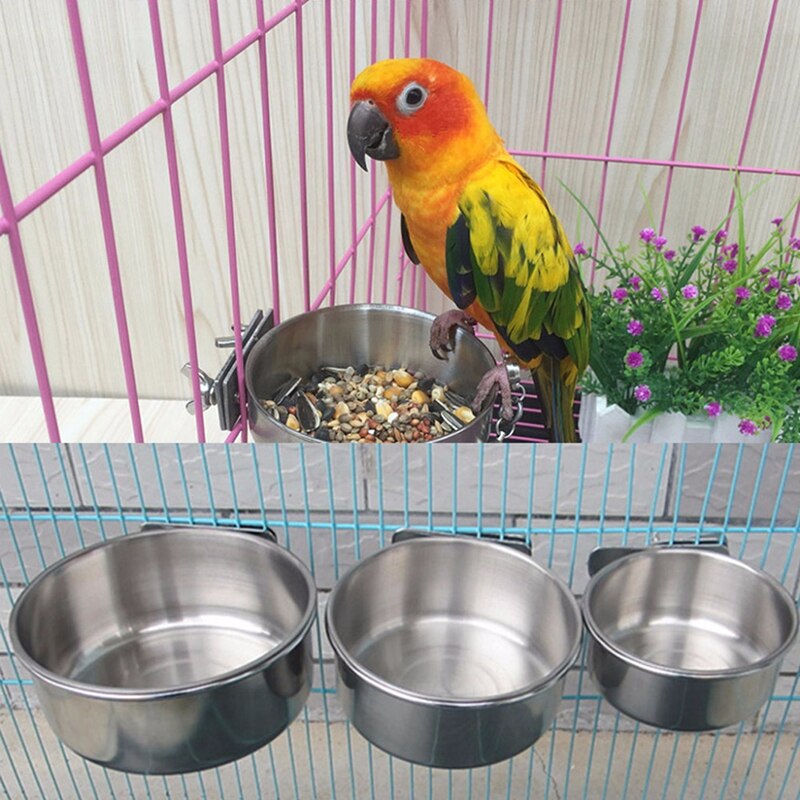 Feeder Bowl Cups Bird Parrot Feeding Cage Hanging Bowl Stainless Steel With Clamp Bird Cage Accessories: L