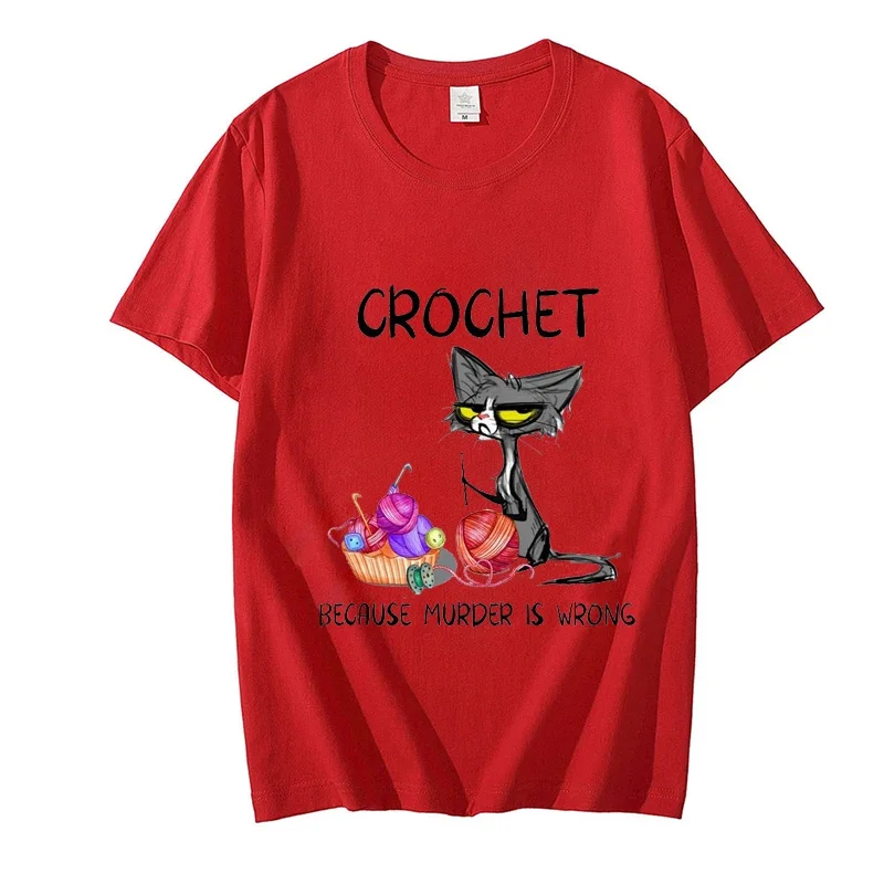 Häkeln, weil Mord falsch ist, Einstellung Katze Frauen T-Shirt Sommer T-Shirt lässig Kurzarm Kleidung ästhetische Kleidung Spitzen: XS / Himmel Blau