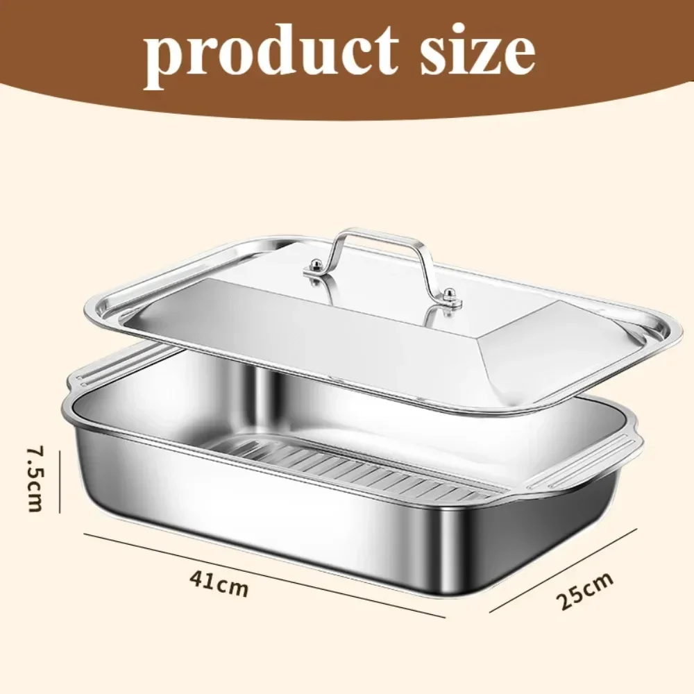 Tiefe Backform aus Edelstahl mit Deckel, multifunktionale, rechteckige, ofensichere Backformen für Küchen-Meeresfrüchte, gegrillte Fischpfannen