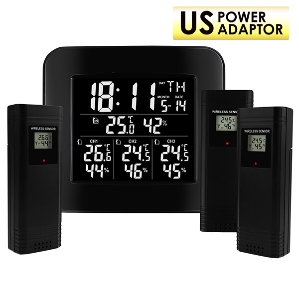 Digital Wireless Weather Station Indoor Outdoor Temperature & Humidity Hygrometer w/ 3 Sensors Alarm Clock Function LED Light: WEA-288-US