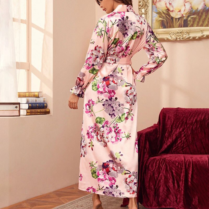 Women Robes Winter Ladies V-Neck Floral Print Sleepdress Female Long Sleeve Nightdress Clothing