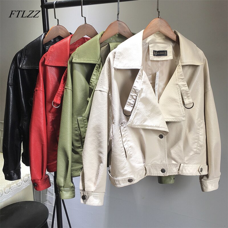 FTLZZ-SACO Bomber de mujer, chaqueta de piel sintética, abrigos de motorista para mujer, prendas de vestir Punk Vintage, chaquetas cortas rojas y verdes para motocicleta