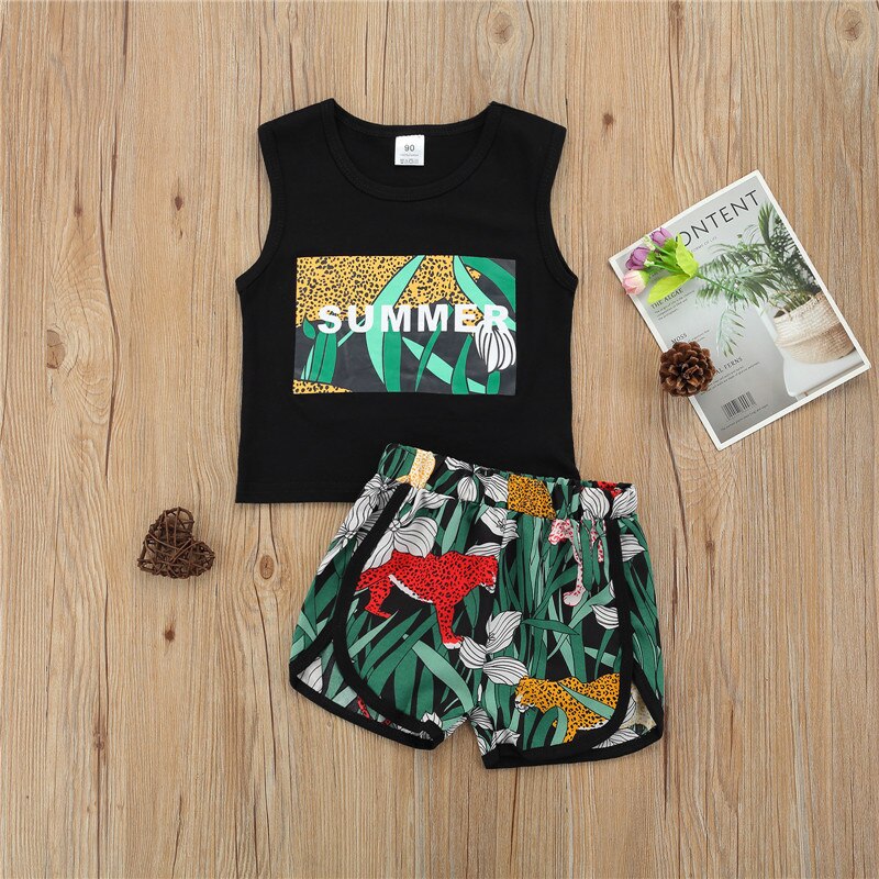 1-6 Years Infant Boys Casual Two-Piece Clothes Set Black Sleeveless Tops And Elastic Waist Shorts Toddler Boys Summer Set