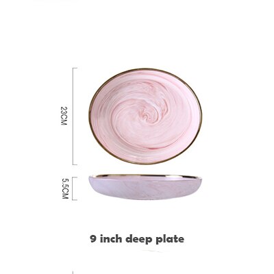 Unik nordisk lyserød phnom penh keramisk bordservice husholdnings marmor porcelæn fad bøf plade ris nudelsuppe skål middagsservice: 9 tommer dyb plade