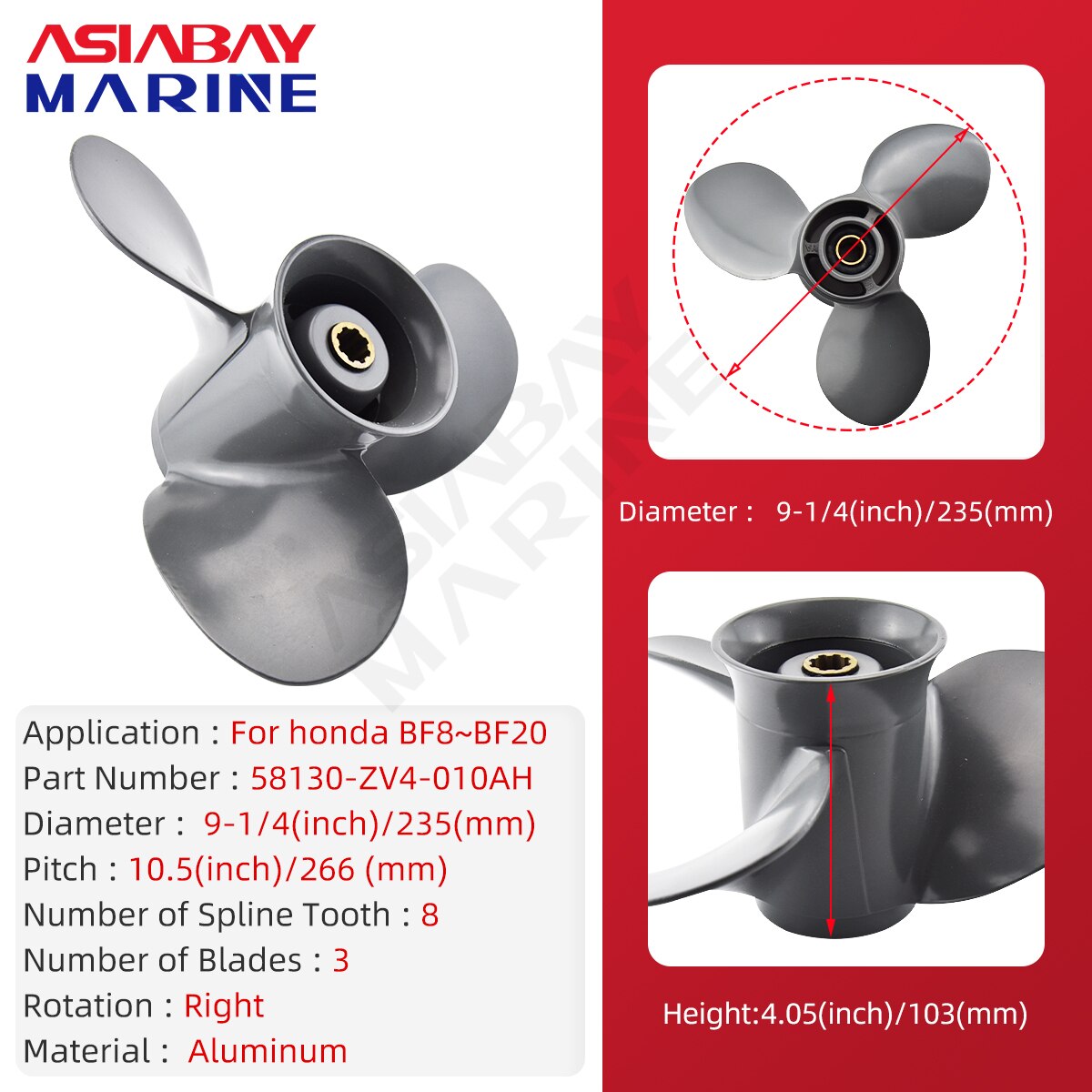 För honda 8hp 9.9hp 10hp 15hp 20hp utombordare propeller 9 1/4* 10 1/2 motor aluminiumlegering 3 blad 8 spline marinmotordel