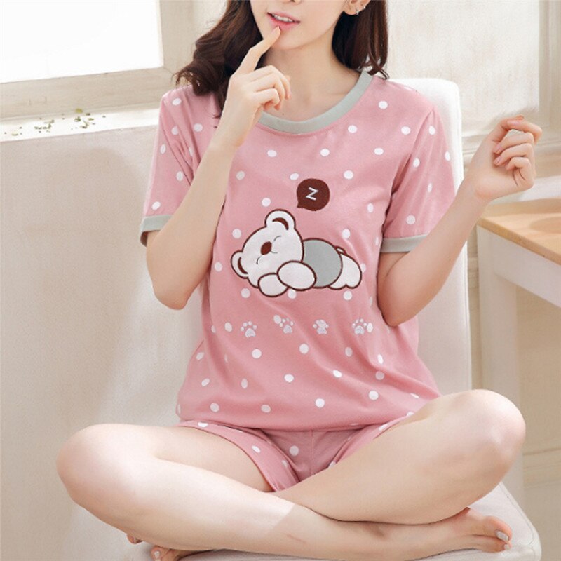 M-2XL Summer Young Girl Short Sleeve Cotton Pajamas For Women Cute Nightshirt Casual Home Service Short Sleepwear: sleep bear / M