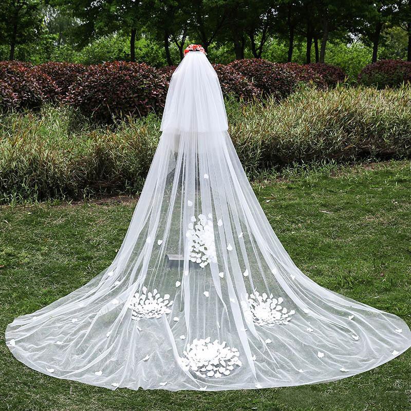 2T Petals Wedding Veil Cathedral Length Flowers Bridal Veils Cover Face Bride Veil Wedding Accessories