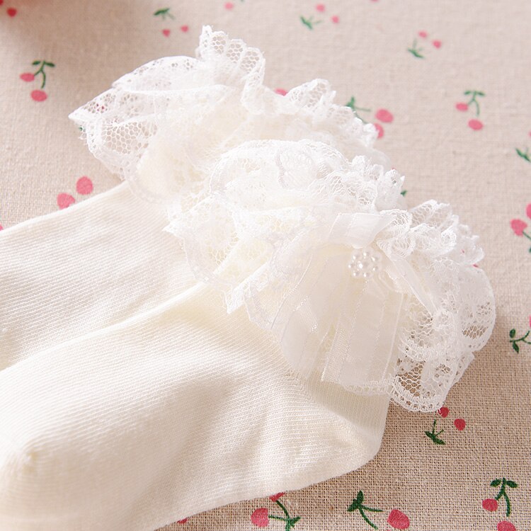 Babymeisjes 3m/6m/9m/12m/24m prinsessen kanten sokken ademend zacht gekamd katoen geplooid dubbele kant parelversiering peutermeisjes