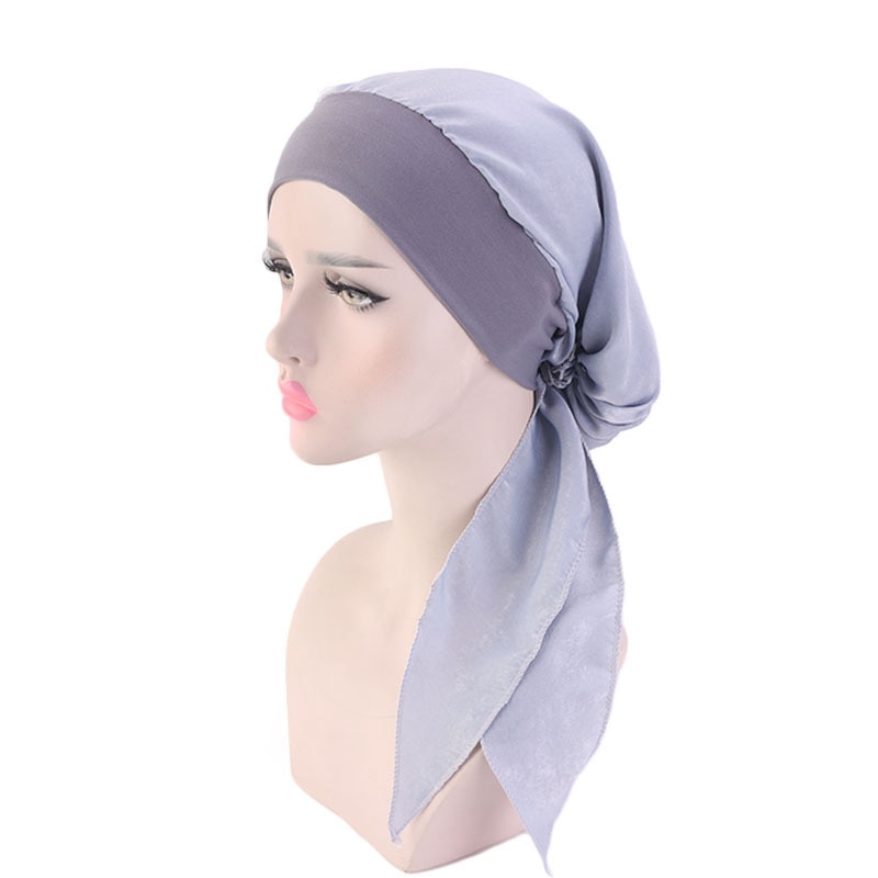 Muslimske kvinder hårtab kræft kemo kasket turban hue islamisk hovedindpakning lang hale flæser præ-bundet bandana tichel hovedbeklædning: 329 a 09 grå