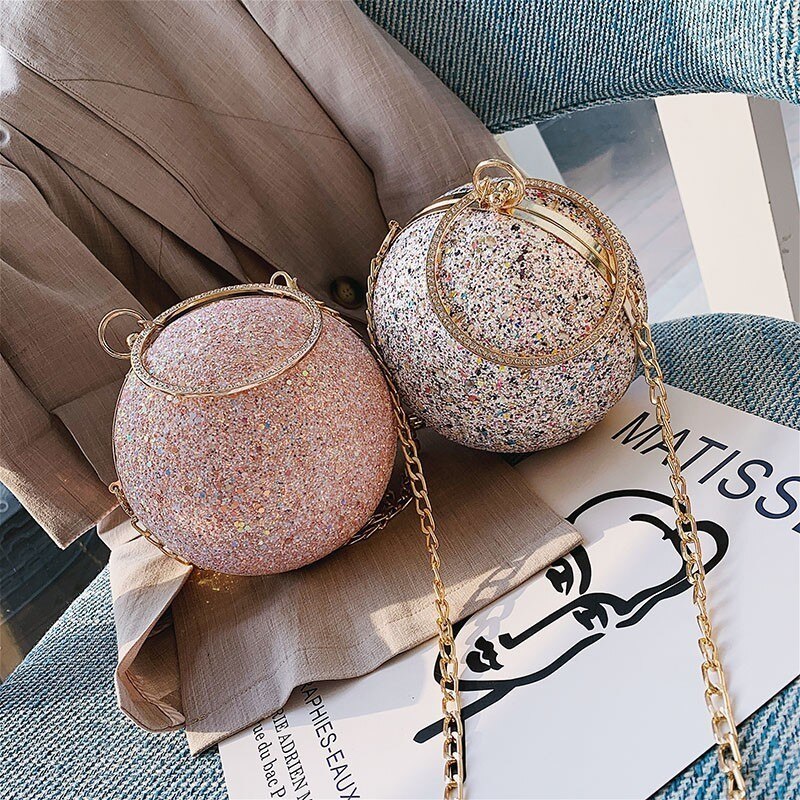Runde Ketten Abend Taschen Griff Frauen Handtaschen Luxuey Pailletten Crossbdoy Tasche Dame Partei Geldbörsen Schild Clutchs