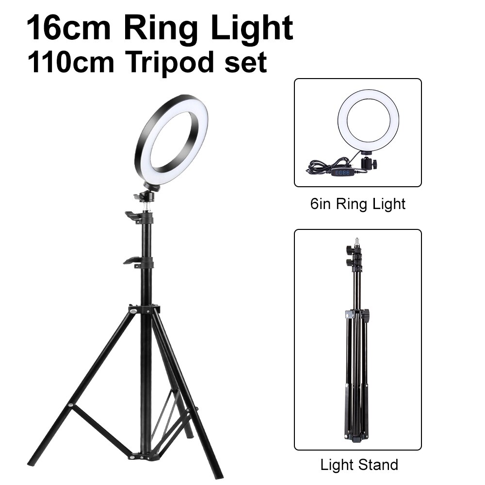 LED Makeup Light Ring 5500K Dimmable Photographic Lighting With Tripod Stand LED Lamps Selfie Phone Ring Light For Video Camera: 6 inch 1.1m set