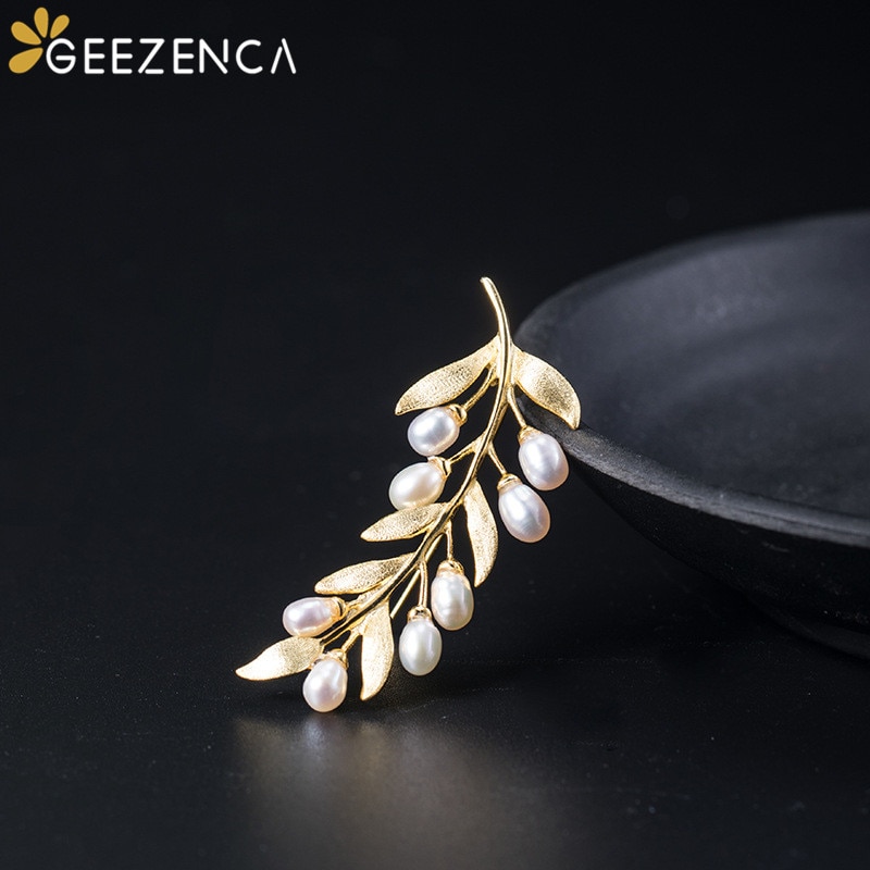 925 Sterling Silver Natural Pearls Brooches Fine Jewelry for Women Olive Tree Branch Brooch Trendy Party Cute