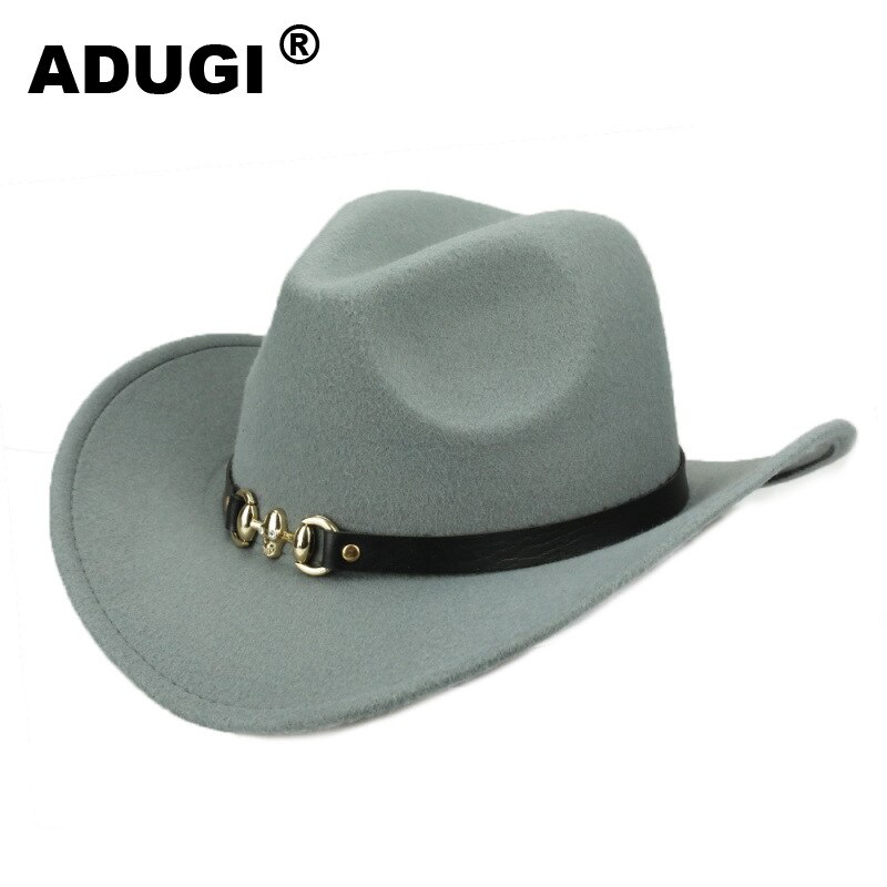 ADUGI woolen cowboy hat autumn and winter European and American jazz hat metal skull belt belt hat men and women felt hat: Gray