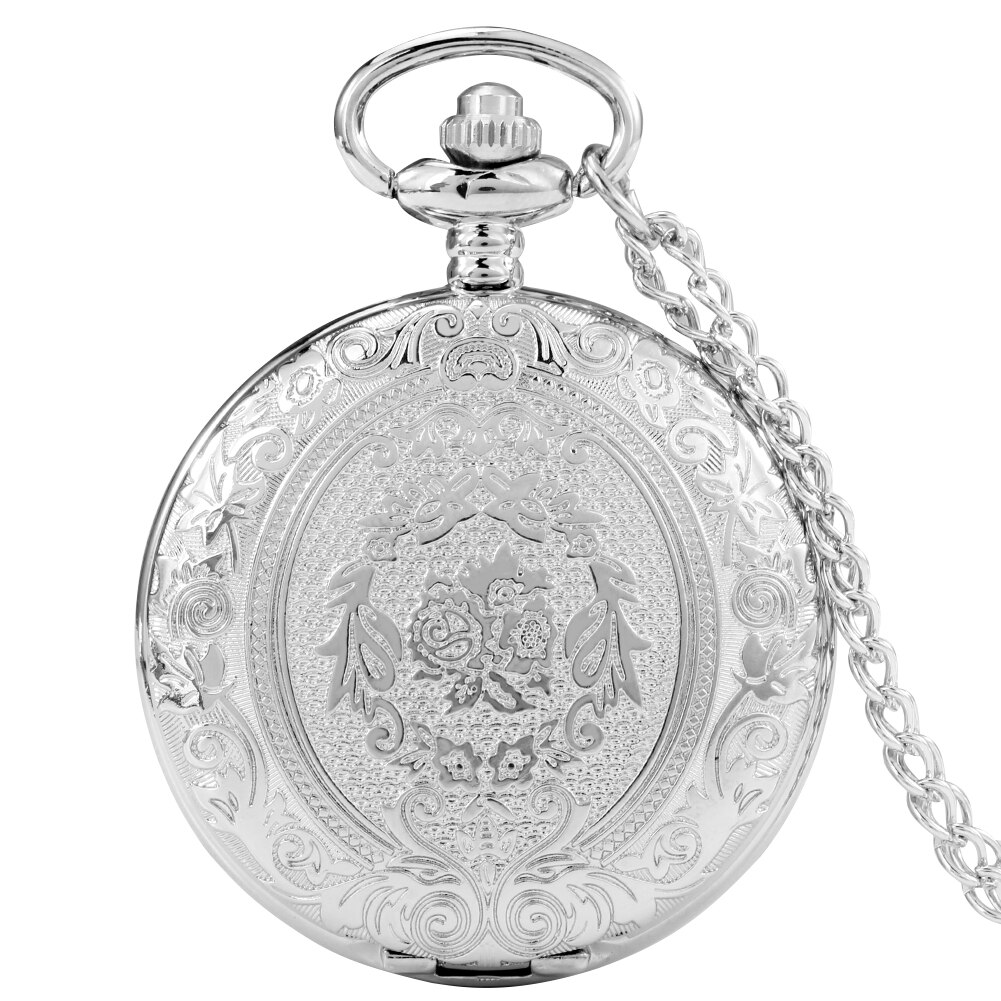 Reloj de bolsillo de cuarzo con grabado Floral antiguo para hombre y mujer, colgante de cadena fina con números arábigos, Estilo Vintage: Silver