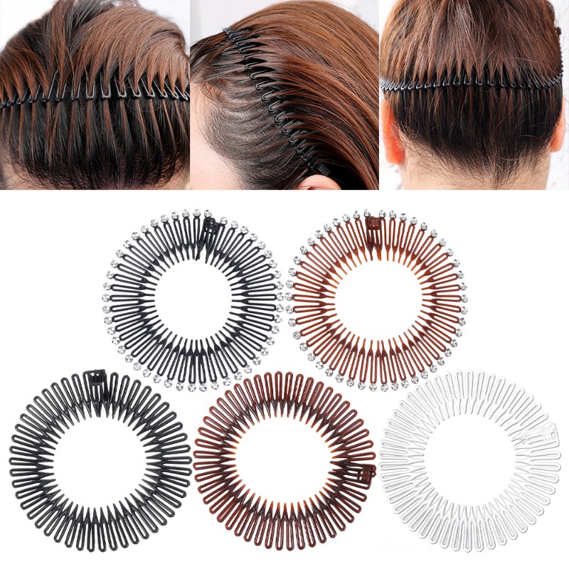 1-4 Uds. Peine Flexible de diamante elástico de círculo completo de plástico con diamantes de imitación para mujeres y niñas accesorios para el cabello con dientes circulares de plástico flexibles