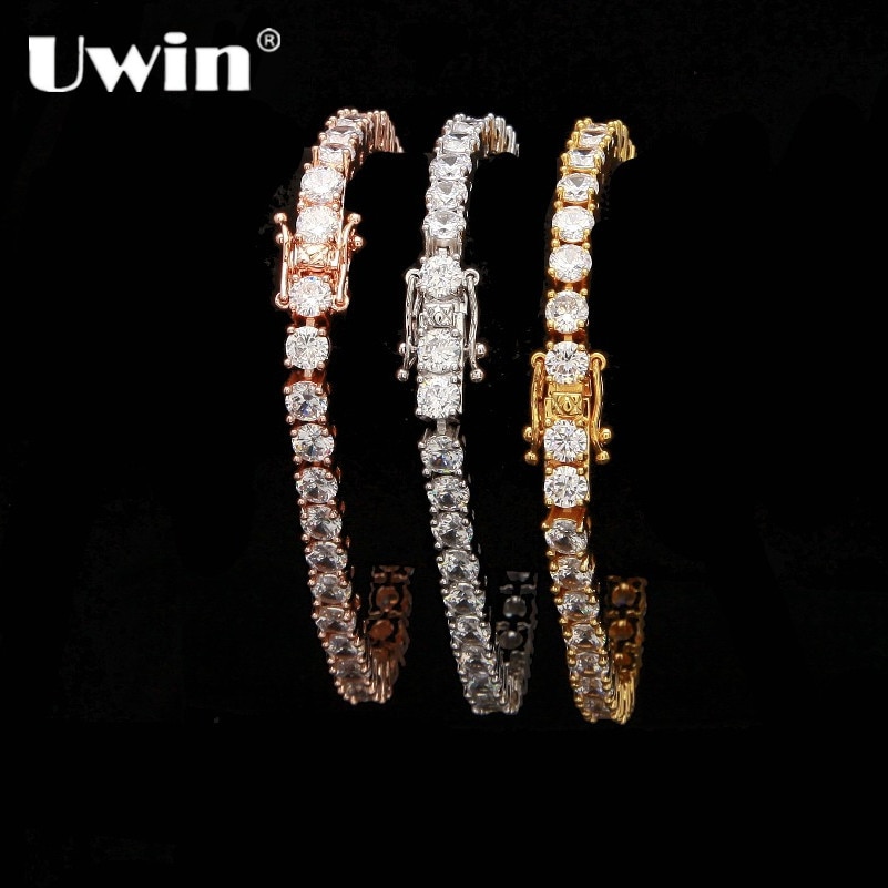 Uwin, 1 Fila de eslabones de zirconia cúbica, pulsera de eslabones de tenis, Color oro Rosa/plata, pulsera de zirconia cúbica helada para hombre, joyería de