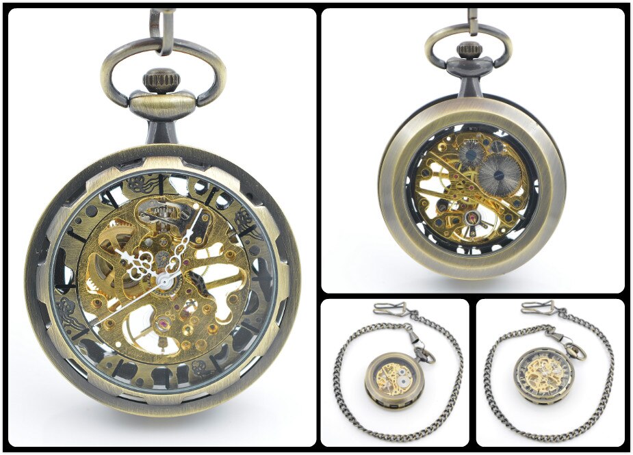 SHUHANG Mens Skeleton Zakhorloge Mechanische Beweging Hand Wind Romeinse Cijfers Vintage Stijl Reloj De Bolsillo: H291